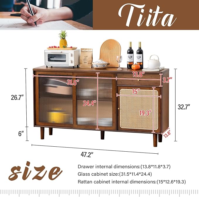 Tiita Bamboo Sideboard Buffet Cabinet, Rattan Kitchen Storage Cabinet - Image 3