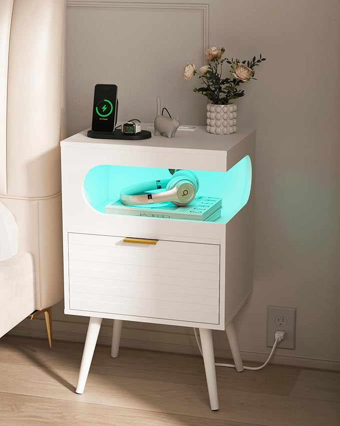 White Nightstand with Charging Station and LED Lights, Modern Bedside Table - Image 8