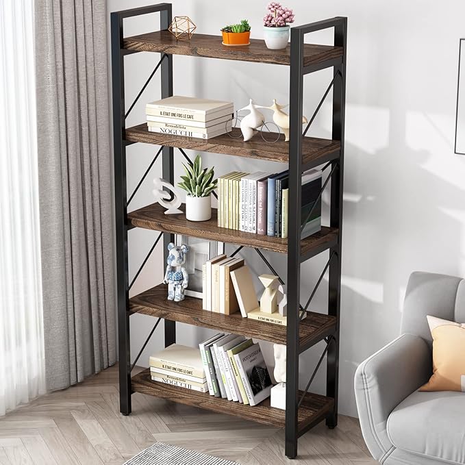 5 Tier Bookshelf Rustic Solid Wood Industrial Style Bookcase, Metal and Real - Image 5