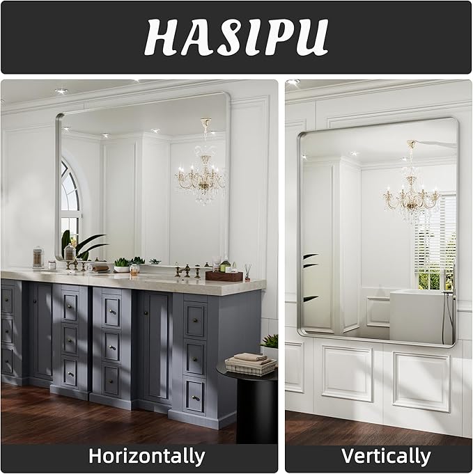 Hasipu Brushed Silver Bathroom Mirror 50x40 Inch Rounded Rectangle Vanity - Image 3