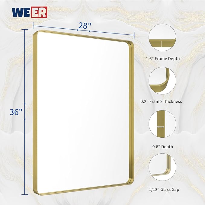 WEER Gold Bathroom Mirror, 28X36 Inch Brushed Gold Metal Frame Mirror, Rounded - Image 6