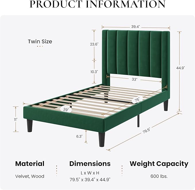 SHA CERLIN Twin Bed Frame/Velvet Upholstered Platform Bed Frame - Image 2