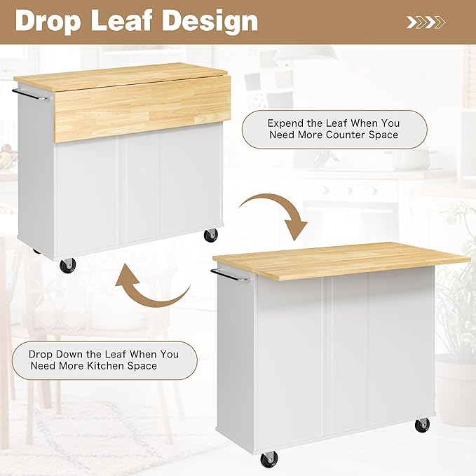 Shintenchi Kitchen Island with Folding Drop Leaf, Rolling Island Table with - Image 3