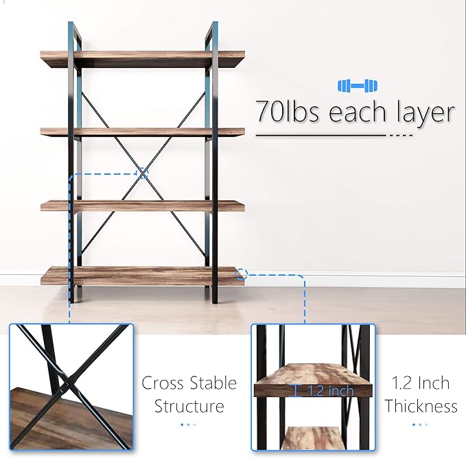45MinST 4-Tier Vintage Industrial Style Bookcase/Metal and Wood Bookshelf - Image 4