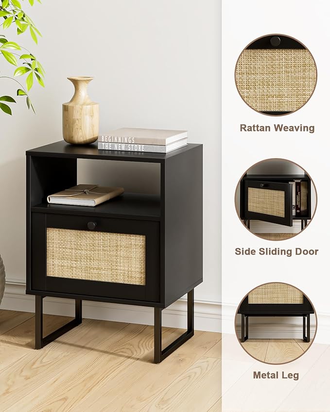 Rattan Nightstand, Boho Night Stand Farmhouse Wood Bedside Table - Image 4