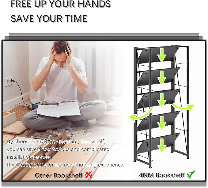 4NM No Assembly Folding Bookshelf, 5-Shelf 62.2" H Collapsible Foldable - Image 6