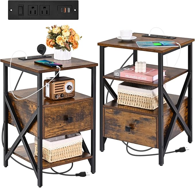 Nightstand Set of 2 with Charging Station and USB Ports, End Table Set of 2 by Livofloral