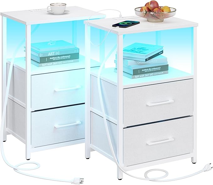 TUTOTAK LED End Table with Charging Station, Nightstand with Cloth Drawer by WelcometotheTUTOTAKHome