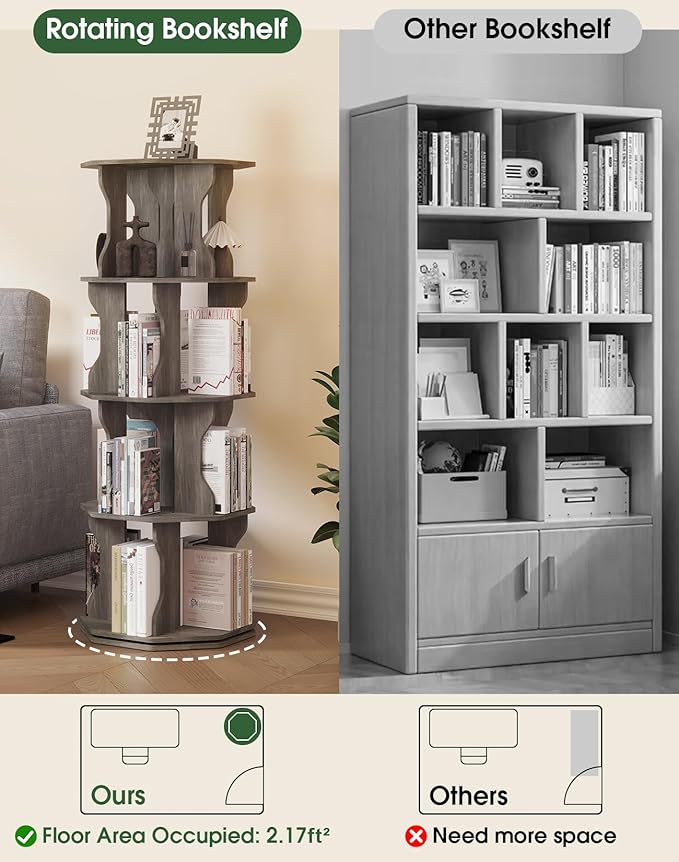 4 Tier Rotating Bookshelf, Spinning Bookshelf Tower Lazy Susan, Corner - Image 4