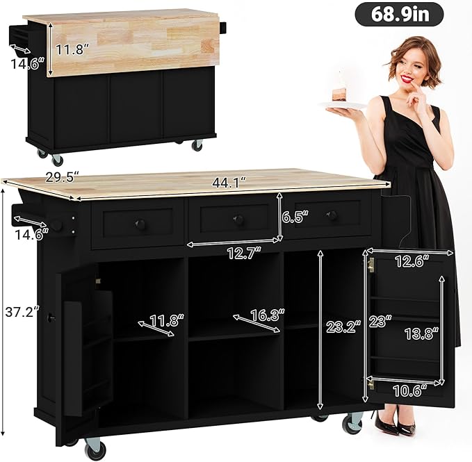 Rovibek Kitchen Island with Drawers 53 in Rolling Island Cart Mobile Solid Wood - Image 2