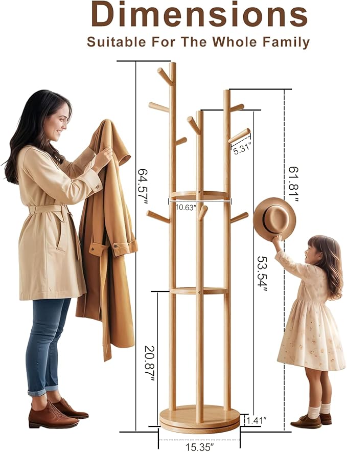 Solid Wood Rotary Coat Rack, Freestanding Coat Rack - Image 4