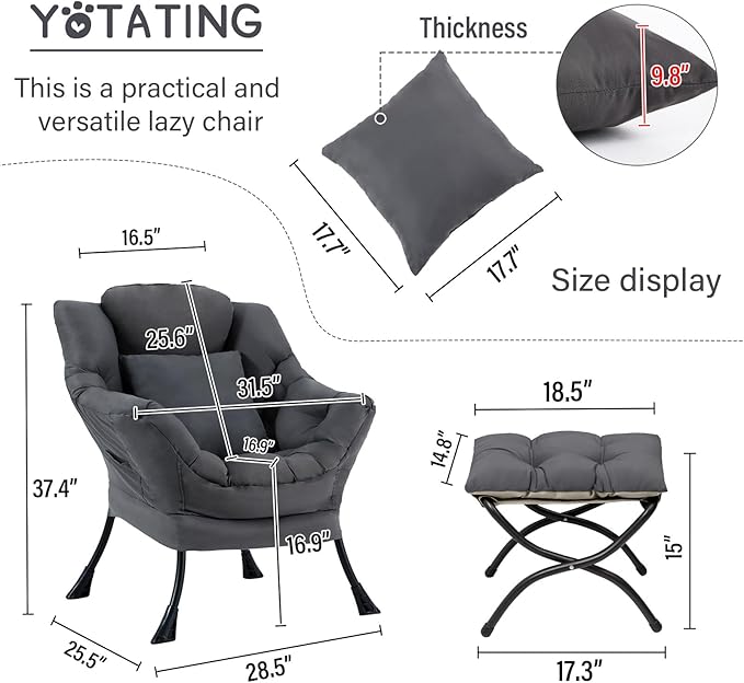 Lazy Chair with Ottoman, Comfy Reading Lounge Chair with Footstool & Throw - Image 3