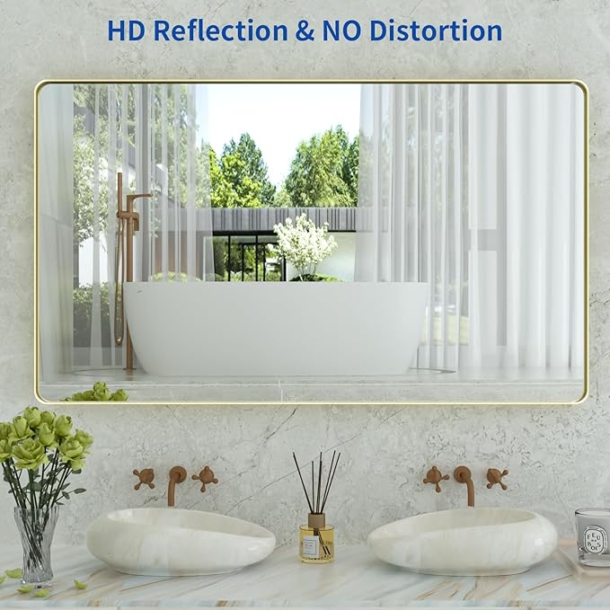 WEER Gold Bathroom Mirror, 55X30 Inch Brushed Gold Metal Frame Mirror, Rounded - Image 2