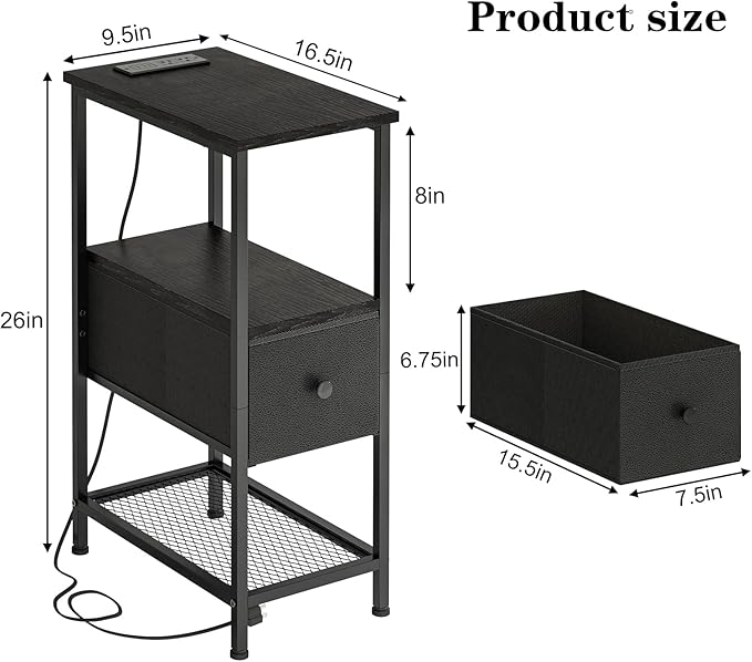 Fixwal Narrow Side Table with Charging Station and LED Light, Skinny Nightstand - Image 3