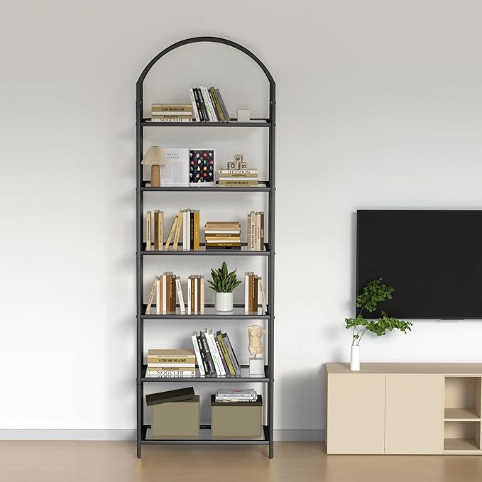 Homhedy Bookshelf Arched Display Racks, Metal Bookcase, Tempered Glass Shelves - Image 7