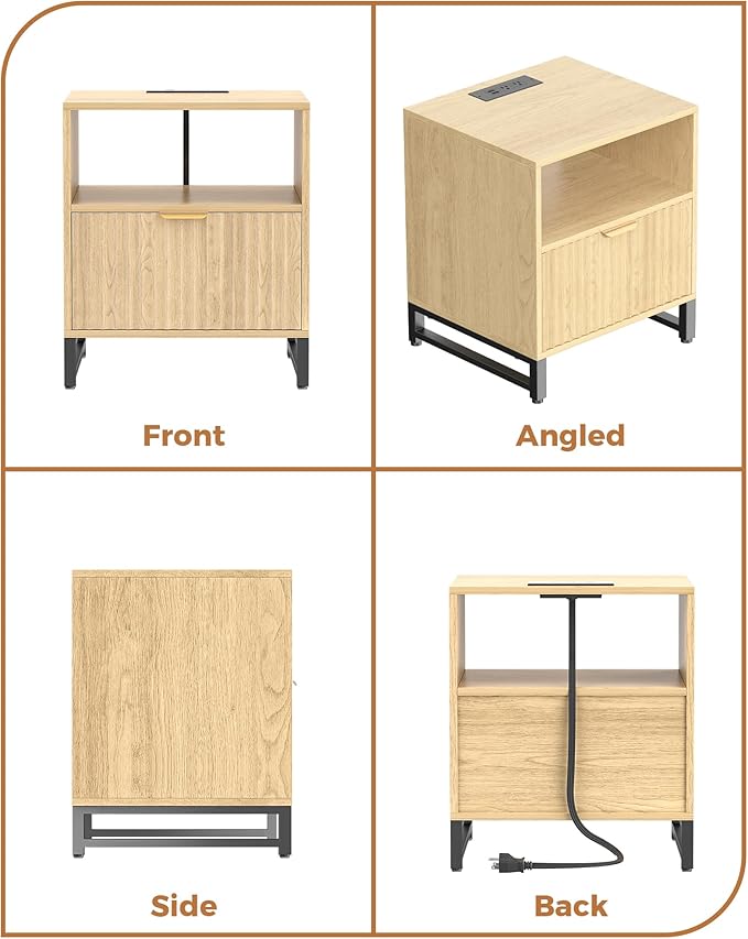 Fluted Night Stand with Charging Station, Wood Nightstand with Large Drawer and - Image 7