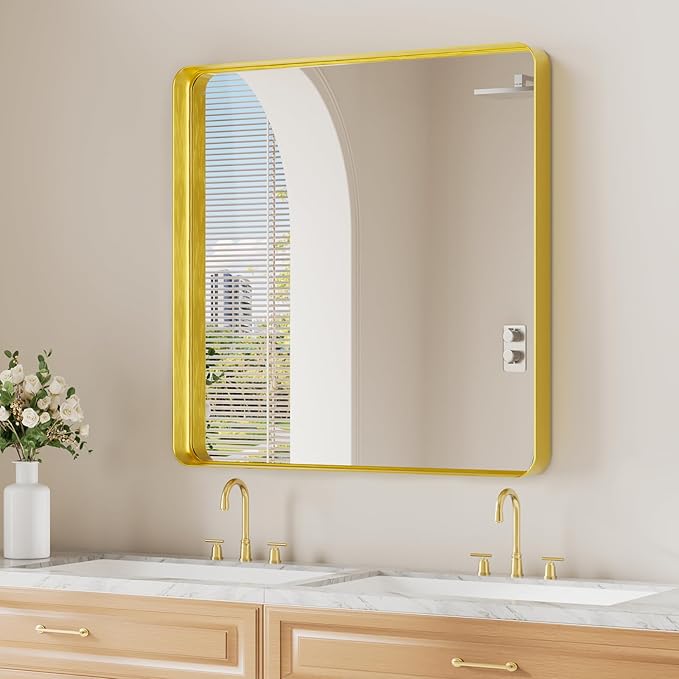 Koonmi Gold Wall Mirror for Bathroom, 30x30 Inch Matte Deep Framed Rounded by KOONMI