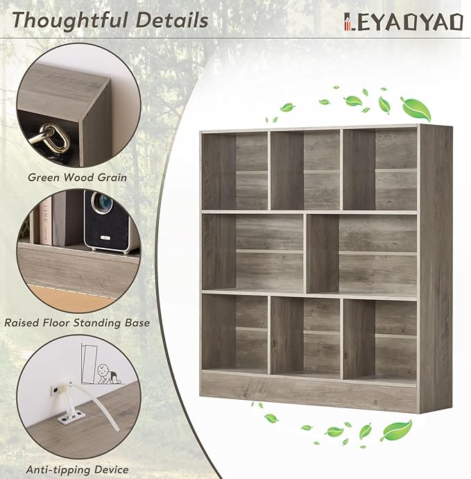 LEYAOYAO 8 Cube Bookshelf with Base, 3 Tier Mid-Century Modern Grey Bookcase - Image 5