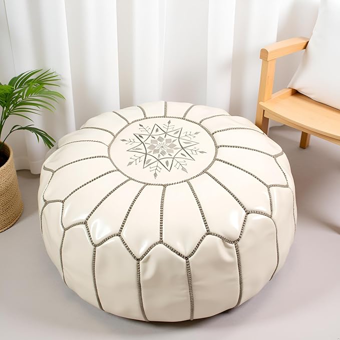 Stuffed Round Design Moroccan Leather Pouf Ottoman, Pre-Filled, 100% Genuine - Image 4
