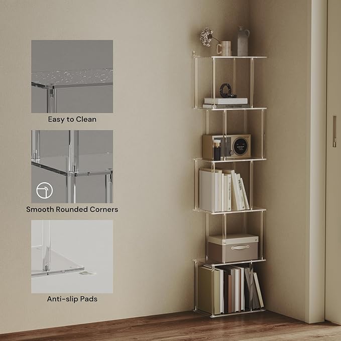 Acrylic Geometric Bookshelf for Small Spaces, 6-Tier Tall Clear S Shaped - Image 4
