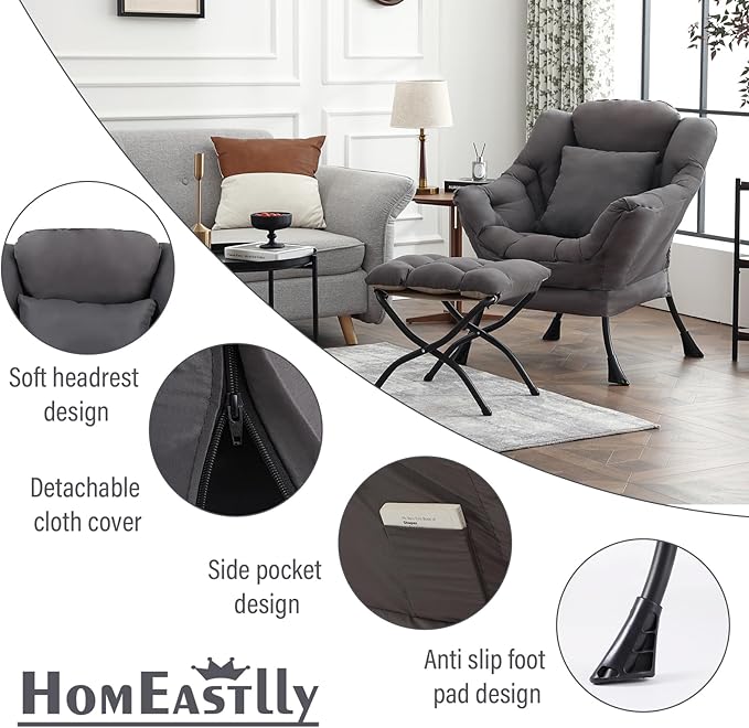 Large Lazy Chair with Ottoman, Accent Reading Chair with a Throw Pillow - Image 5