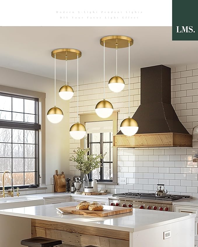 LMS Brushed Gold 3-Light Cluster Pendant Lights, Modern Kitchen Island Lighting - Image 7