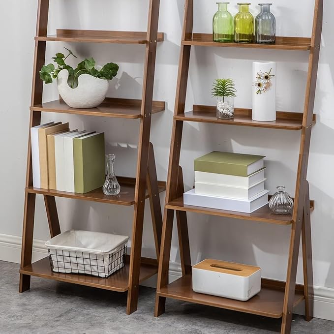 Maydear Bamboo Ladder Shelf Bookcase, 4-Tier Leaning Bookshelf Free Standing - Image 5