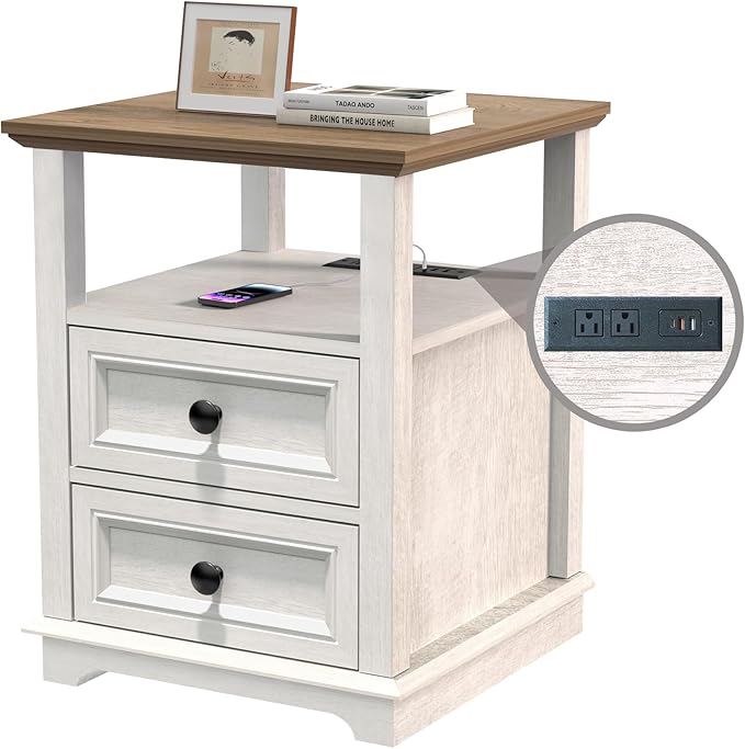 End Table with Fast USB C Charging Station, Large Storage Rustic Wood Square by Alwaysreadyforyou