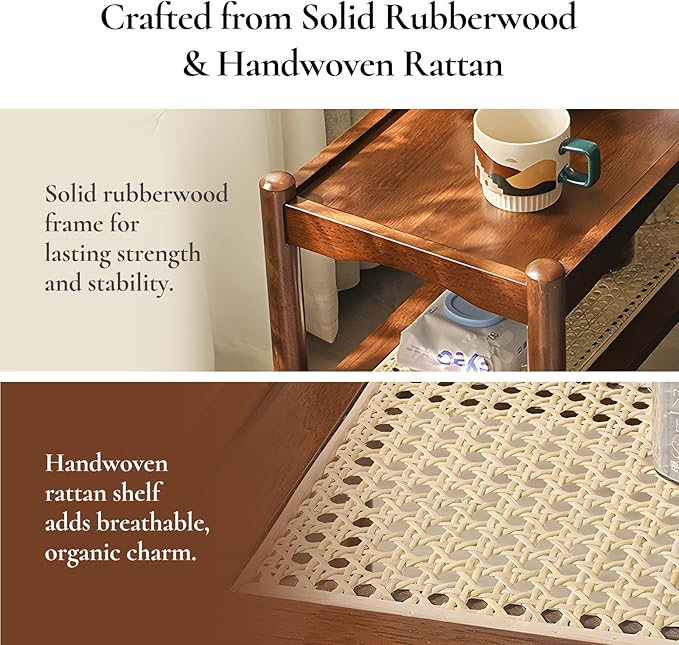 Rattan Side Table with Wheels, Small End Table with Storage, Narrow Wooden Bed - Image 5