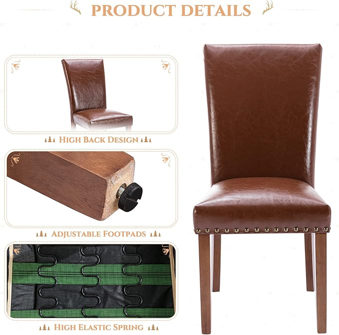 Parsons Dining Chairs Set of 2, Upholstered Nailhead PU Leather Dining Room - Image 5
