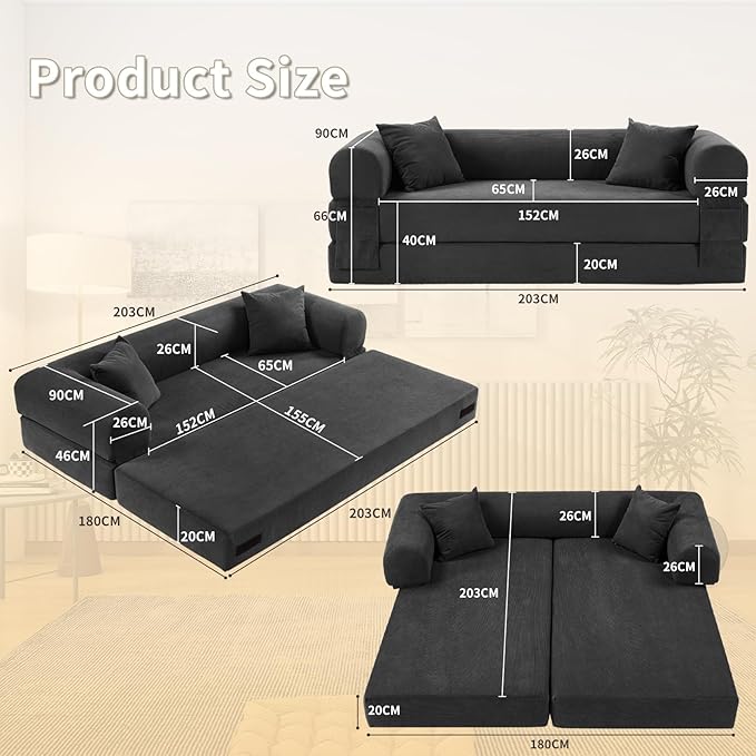 80" Convertible Sofa Bed, Corduroy Deep Seat Folding Pull Out Couch - Image 3