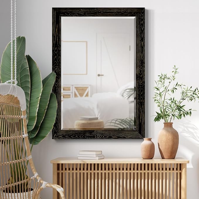 Black Rustic Mirror Rectangular Barnwood Framed Wall Mirror - Image 4