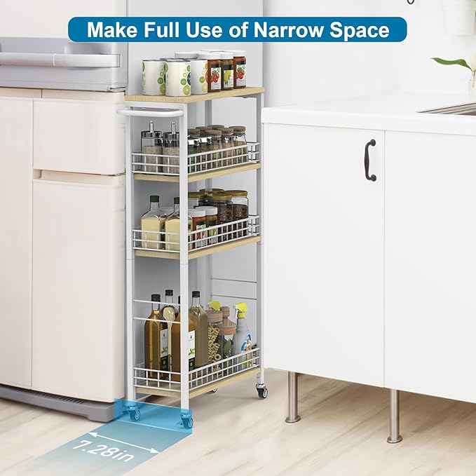 YBING Slim Storage Cart 4-Tier Rolling Kitchen Utility Cart White Narrow - Image 3