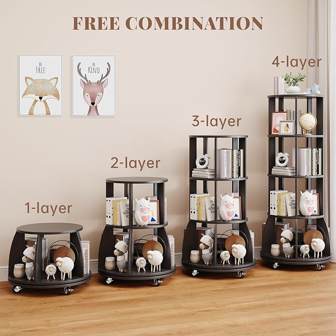4 Tier Rotating Bookshelf with Brake Wheels, 360° Spinning Bookcase, Vertical - Image 4