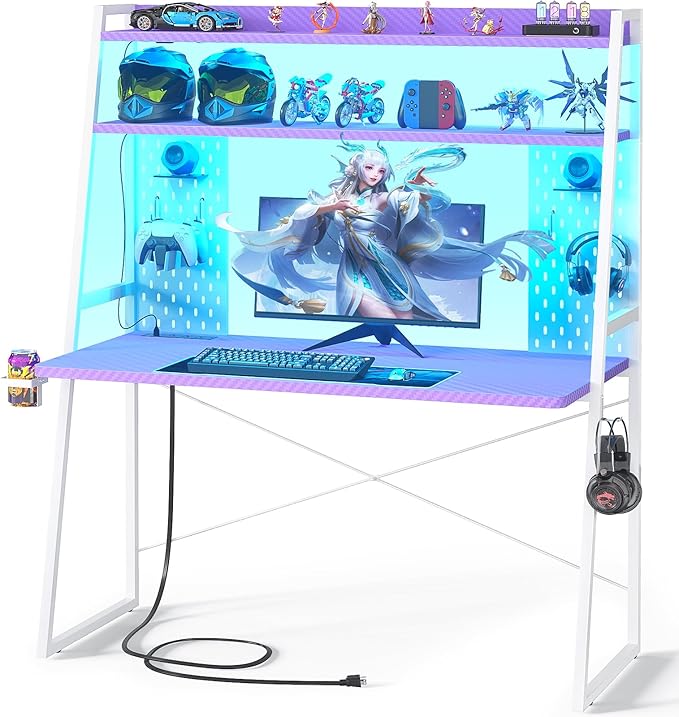 Gaming Desk with Hutch and LED Lights, Gaming Computer Desk with Power Outlets by Besiost