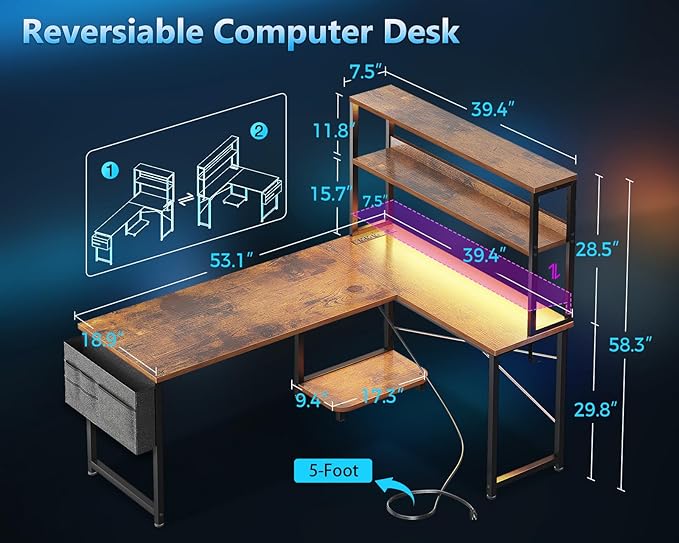 Casaottima Gaming Desk with Power Outlets & LED Lights, 53 Inch Reversible L - Image 3