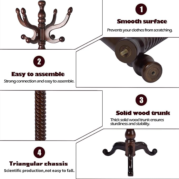 Coat Racks Free Standing with 14 Hooks, Natural Wood Coat Stands - Image 5