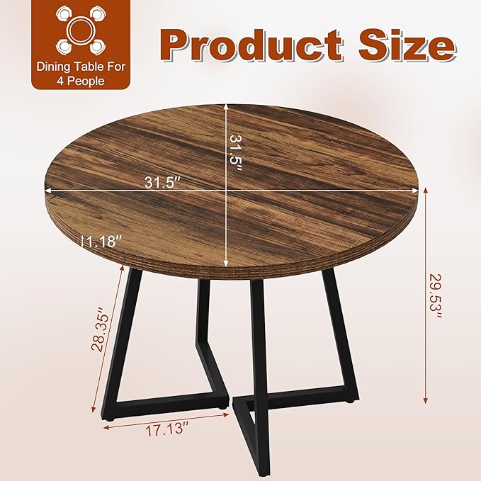 Round Dining Table for 4, 31.5-Inch Farmhouse Dinner Table Wooden Circle - Image 2