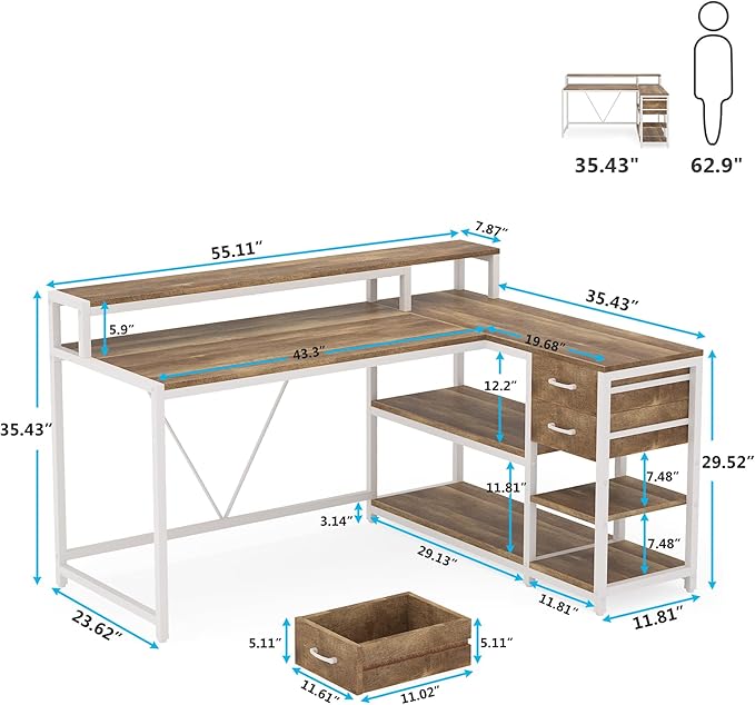 Tribesigns L Shaped Desk with Drawers and Monitor Stand, L Corner Desk with - Image 2