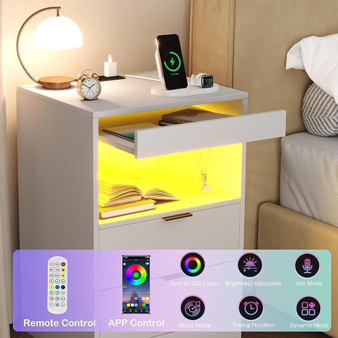 Gadroad LED Nightstand with Charging Station, Bedside Table with 3 Drawers and - Image 4