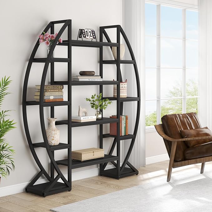 Tribesigns Oval Bookshelf, Triple Wide 5 Tiers Etagere Bookcases, Industrial - Image 6