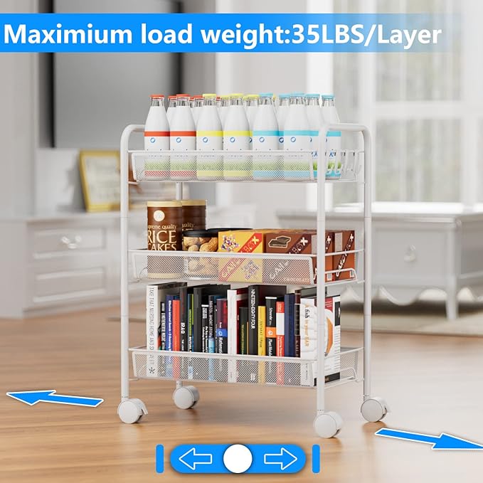 OVICAR Mesh Wire 3 Tier Rolling Cart, Kitchen Storage Utility Cart, Full Metal - Image 4
