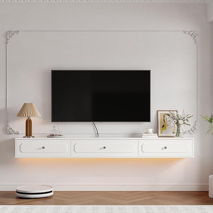 Retro Floating TV Console with 3 Doors, Wall Mounted TV Cabinet, Contemporary - Image 3