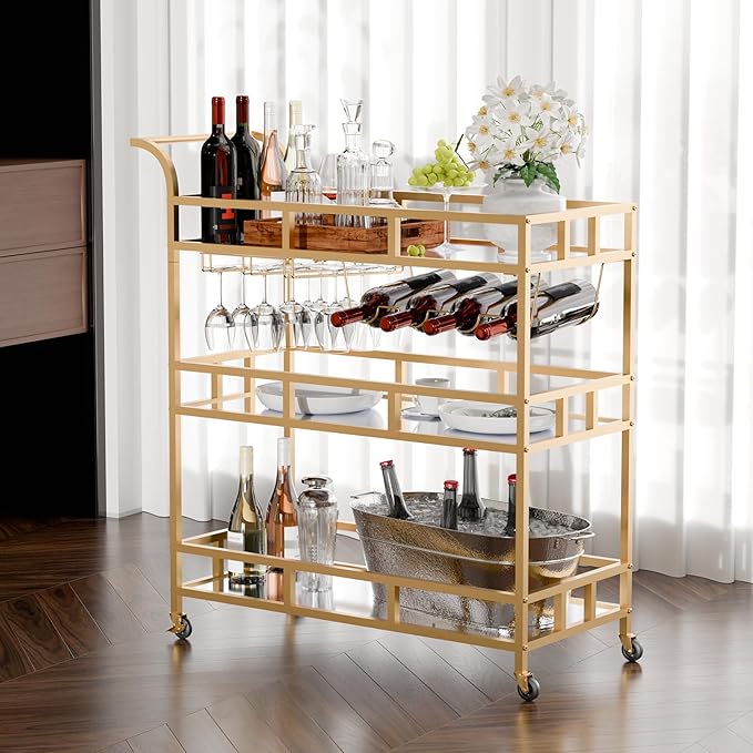 TONGMO Gold Bar Carts with 3 Tier Mirror Shelves, Home Bar Cart with Wine Rack by TONGMO