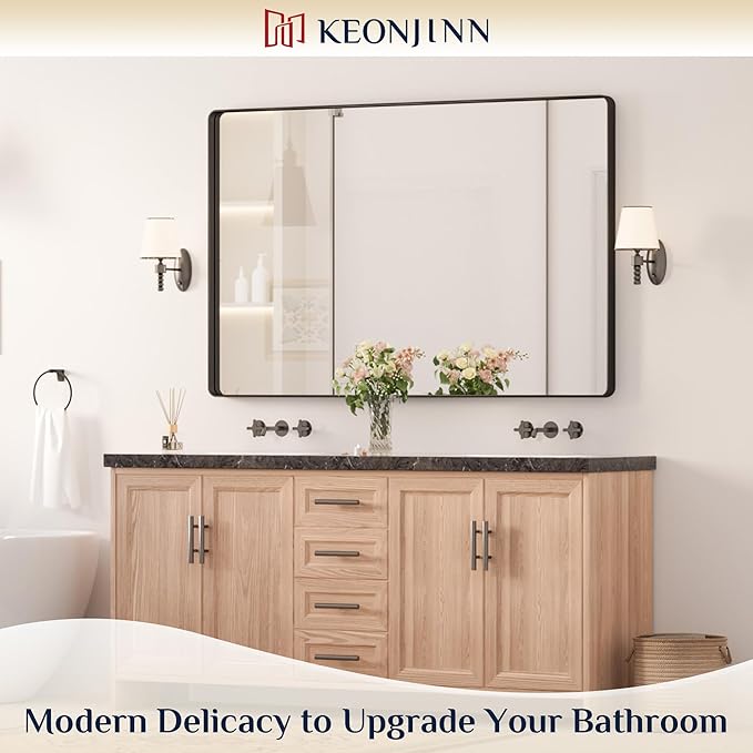Keonjinn Black Mirror for Bathroom Sink 55 x 36 Inch Large Rounded Rectangle - Image 2