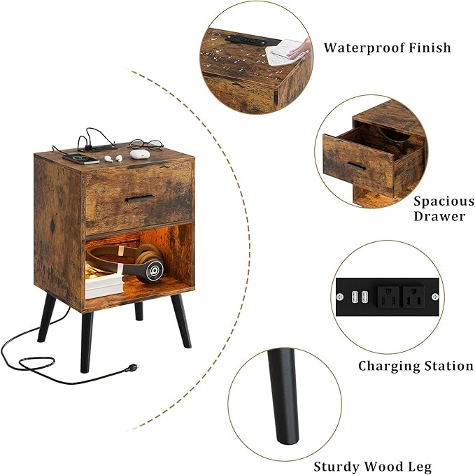 Nightstand with Charging Station and LED Lights, Small Side Table, Bedside - Image 8