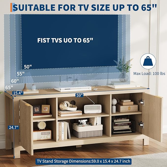 GarveeHome 59" TV Stand for TVs Up to 65 Inches, Mid Century Modern TV - Image 2