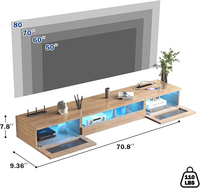 Floating TV Stand, Floating Wall Mounted TV Shelf, Modern High Gloss tv Cabinet - Image 3