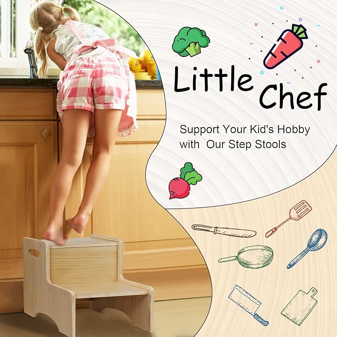 WOOD CITY Toddler Step Stool for Kids, Wooden Two Step Children's Stool - Image 2