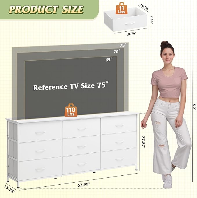 WLIVE 63''W Dresser for Bedroom, 75 inch TV, Wide Chest of Drawers - Image 3